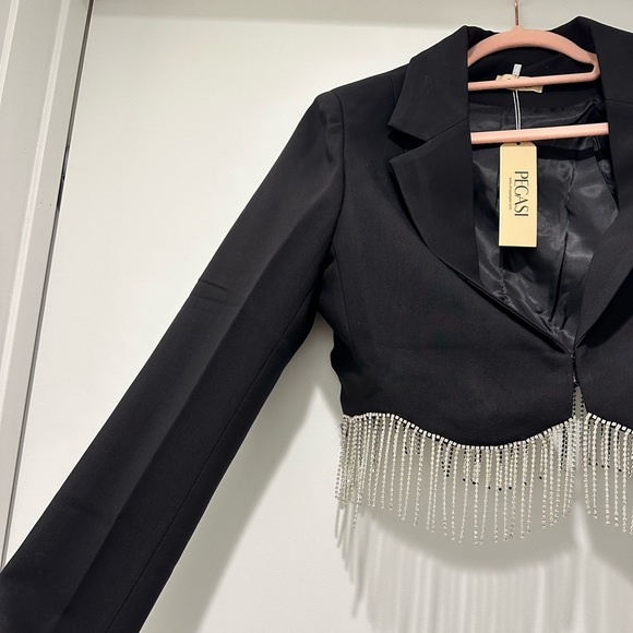 Rhinestone Fringe Point Collar Long Sleeve Coordinating Jacket & Crepe Skirt - Picture 11 of 13